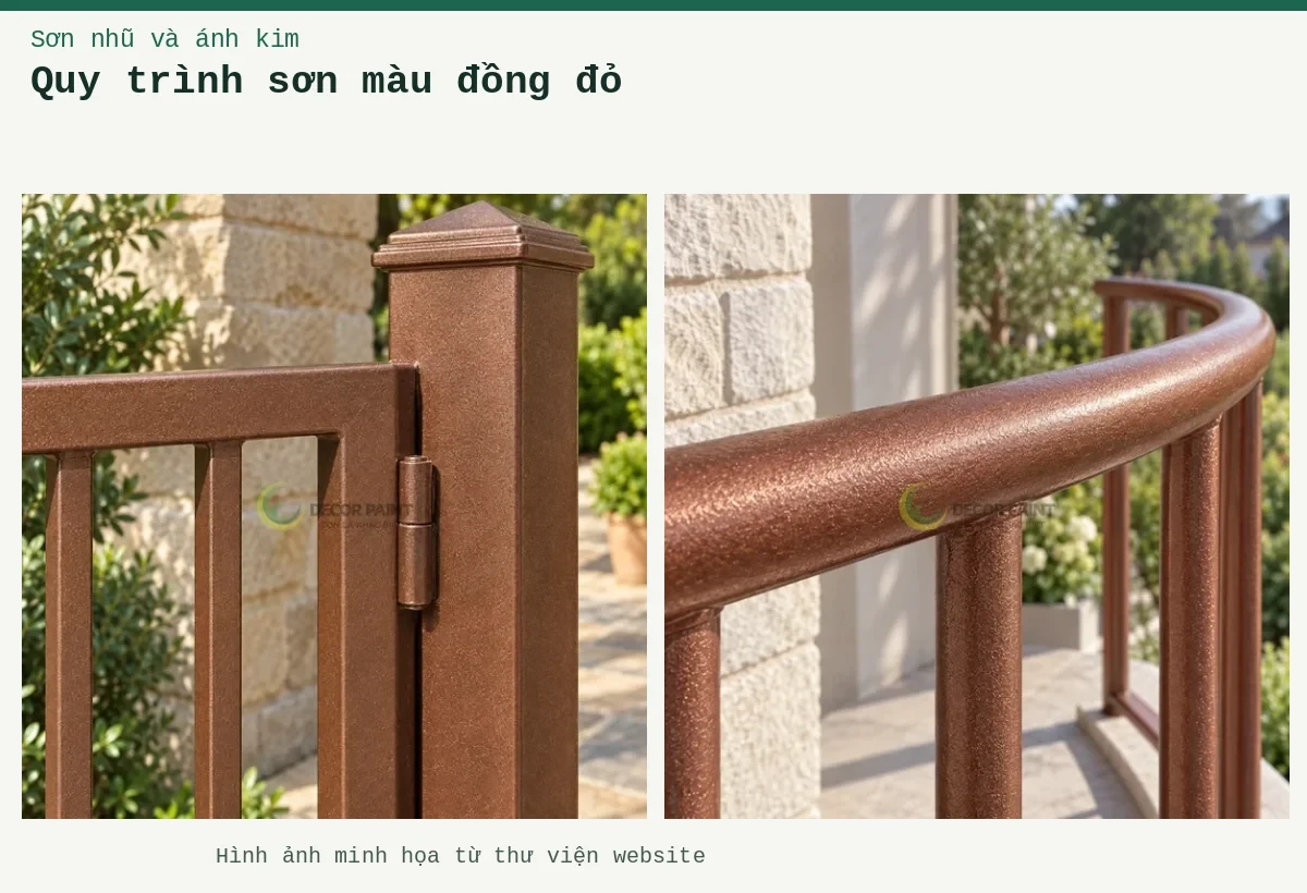 Quy trình sơn màu đồng đỏ – Ảnh minh họa: Chi tiết lan can đồng đỏ; Chi tiết cổng màu đồng đỏ.