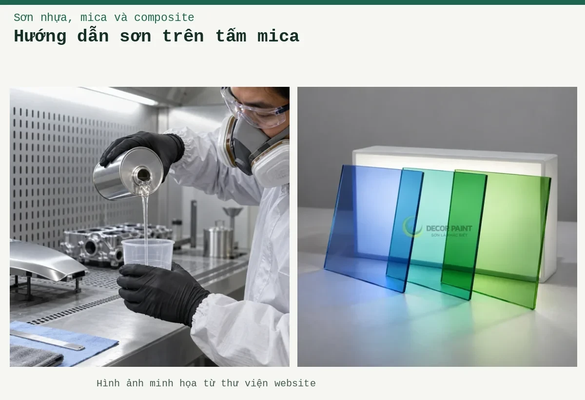 Hướng dẫn sơn trên tấm mica – Ảnh minh họa: Tấm acrylic trong màu xuyên sáng; Pha sơn hai thành phần với chất đóng rắn – chuẩn bị thành phần đóng rắn tại bàn pha sơn.