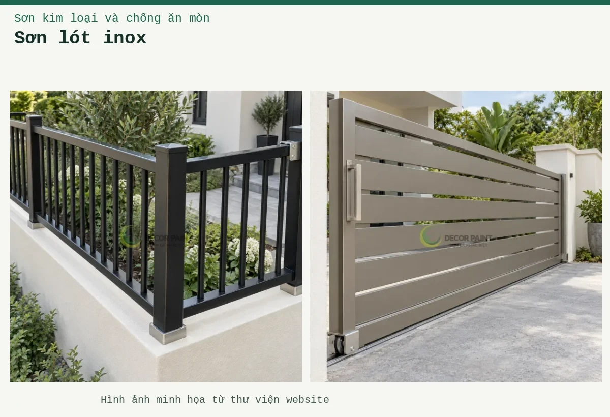 Sơn lót inox – Ảnh minh họa: Cổng inox trượt với lớp sơn màu xám ấm; Hàng rào inox phủ màu đen tại góc sân vườn.