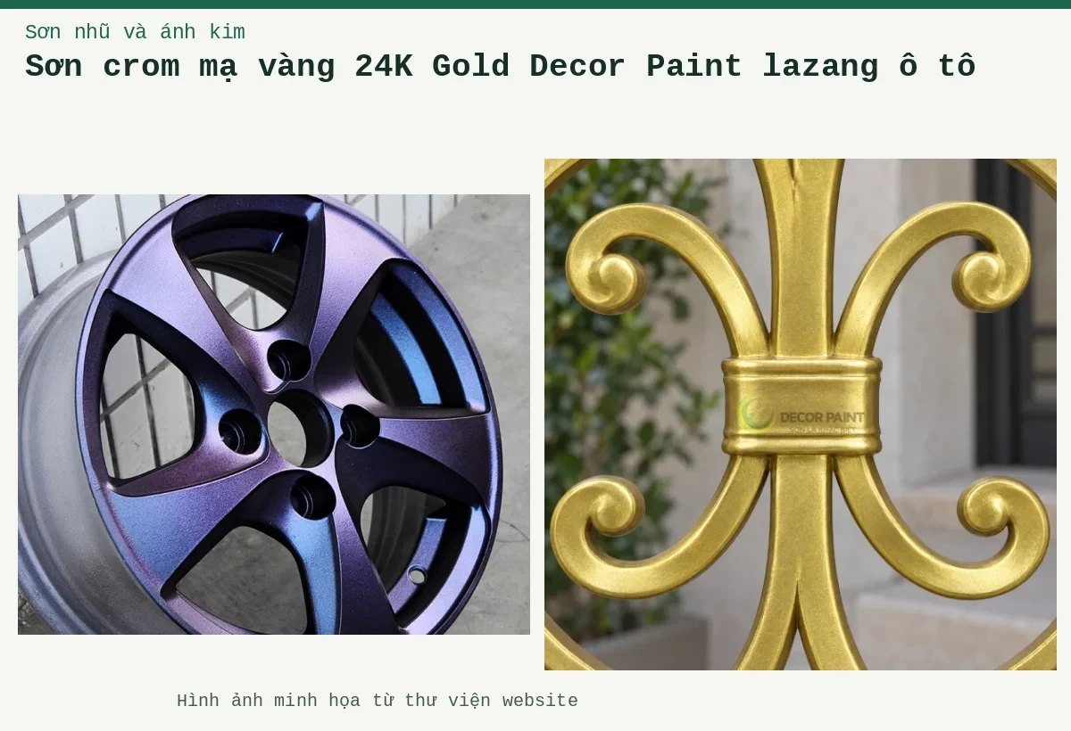 Sơn crom mạ vàng 24K Gold Decor Paint lazang ô tô – Ảnh minh họa: Mâm ô tô với lớp hoàn thiện hiệu ứng màu tím; Chi tiết cuốn sắt sơn nhũ vàng 24K.