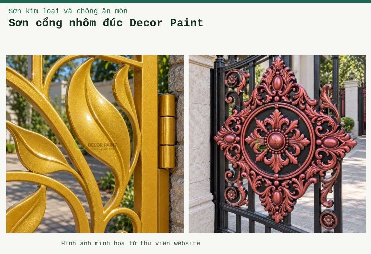 Sơn cổng nhôm đúc Decor Paint – Ảnh minh họa: Cổng nhôm đúc phủ Gold Diamond; Cổng nhôm đúc sơn nhũ rượu vang.