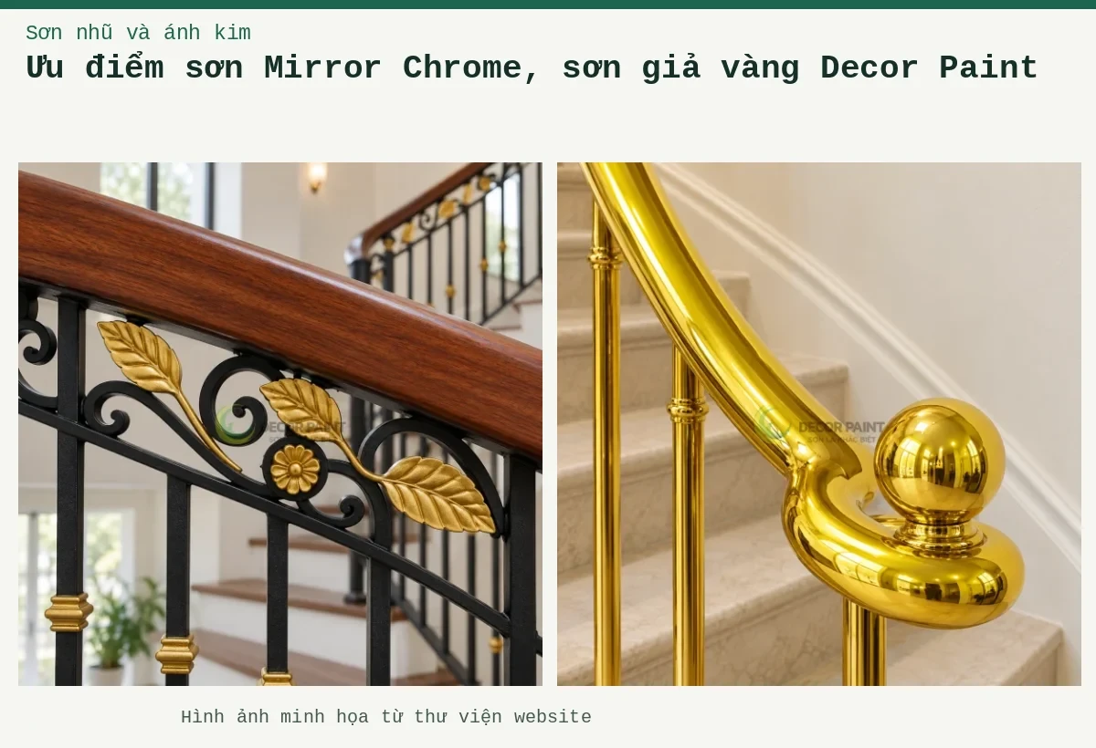 Ưu điểm sơn Mirror Chrome, sơn giả vàng Decor Paint – Ảnh minh họa: Hoa lá nhũ vàng dưới tay vịn; Lan can sơn giả vàng.