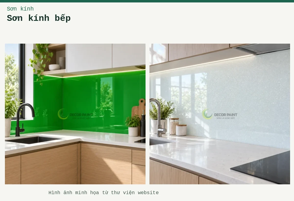 Sơn kính bếp – Ảnh minh họa: Kính bếp góc L; Kính bếp trắng nhũ.
