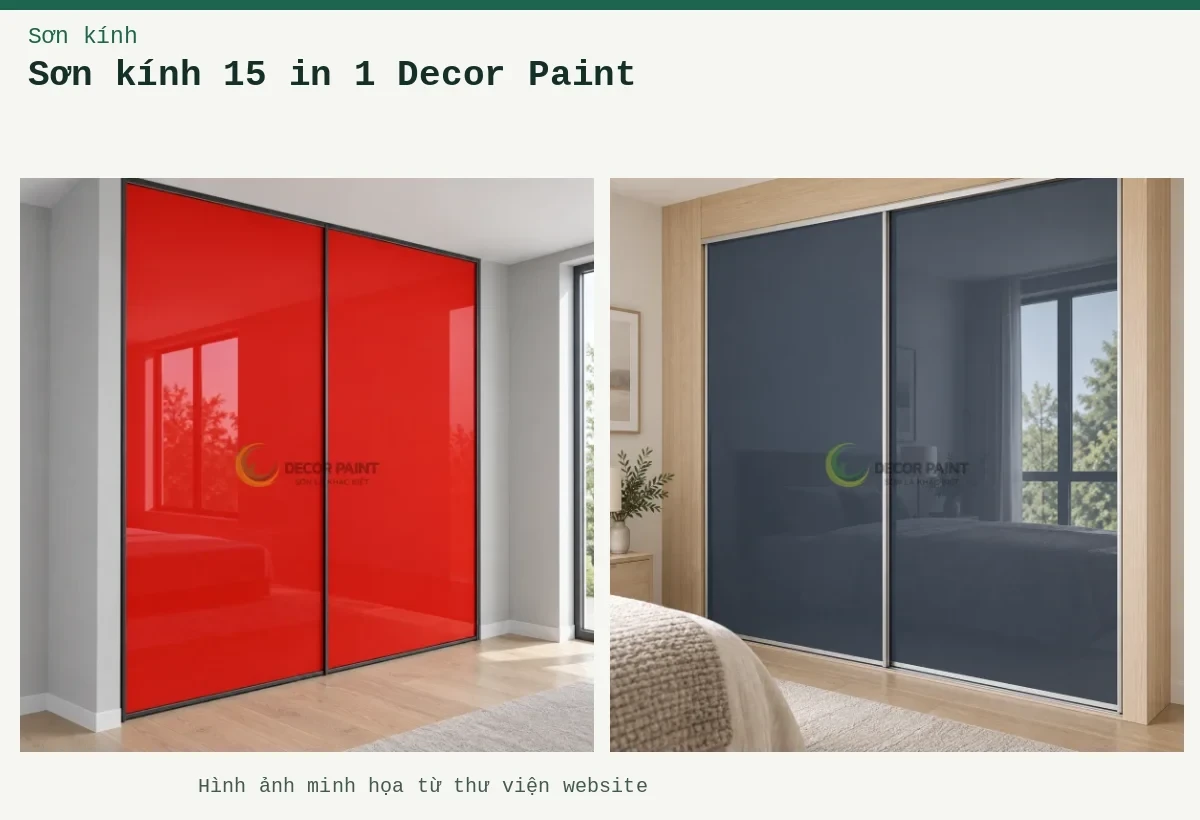 Sơn kính 15 in 1 Decor Paint – Ảnh minh họa: Cánh tủ kính màu ghi đậm; Cánh tủ kính màu đỏ theo mẫu.