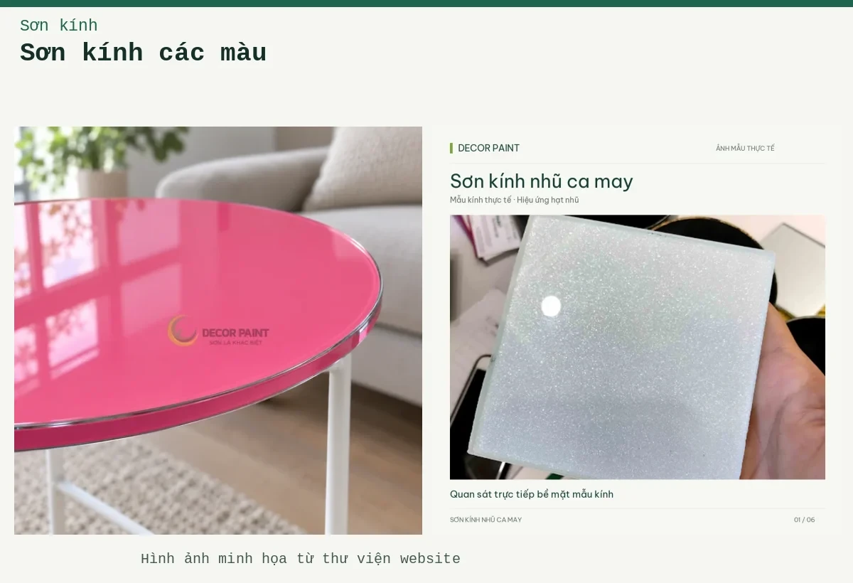 Sơn kính các màu – Ảnh minh họa: Mặt bàn kính màu hồng; Sơn kính nhũ ca may – Mẫu kính thực tế.