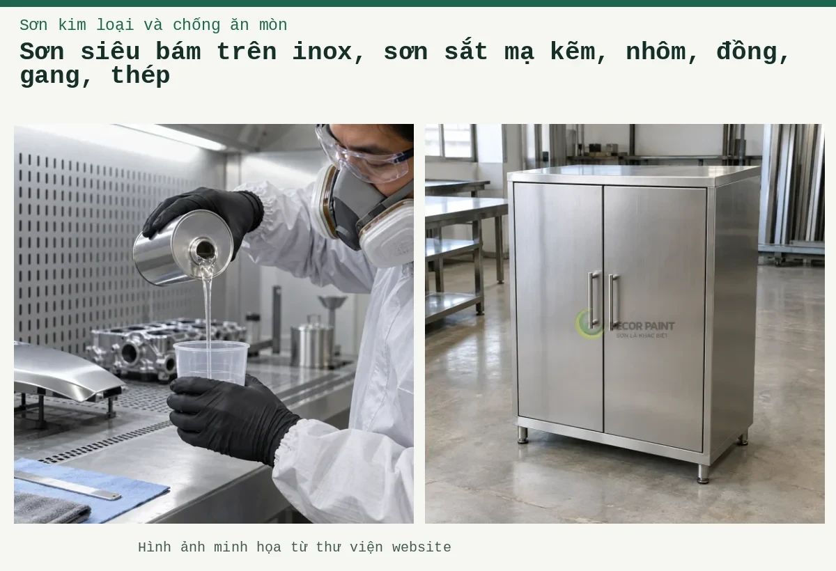 Sơn siêu bám trên inox, sơn sắt mạ kẽm, nhôm, đồng, gang, thép – Ảnh minh họa: Minh họa tủ inox hai cánh đóng kín với bề mặt xước bạc; Pha sơn hai thành phần với chất đóng rắn – chuẩn bị thành phần đóng rắn tại bàn pha sơn.