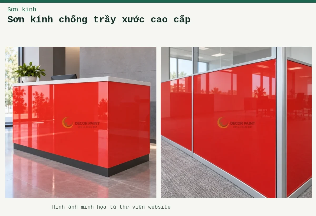 Sơn kính chống trầy xước cao cấp – Ảnh minh họa: Kính ốp quầy màu đỏ theo mẫu; Vách kính màu đỏ theo mẫu.