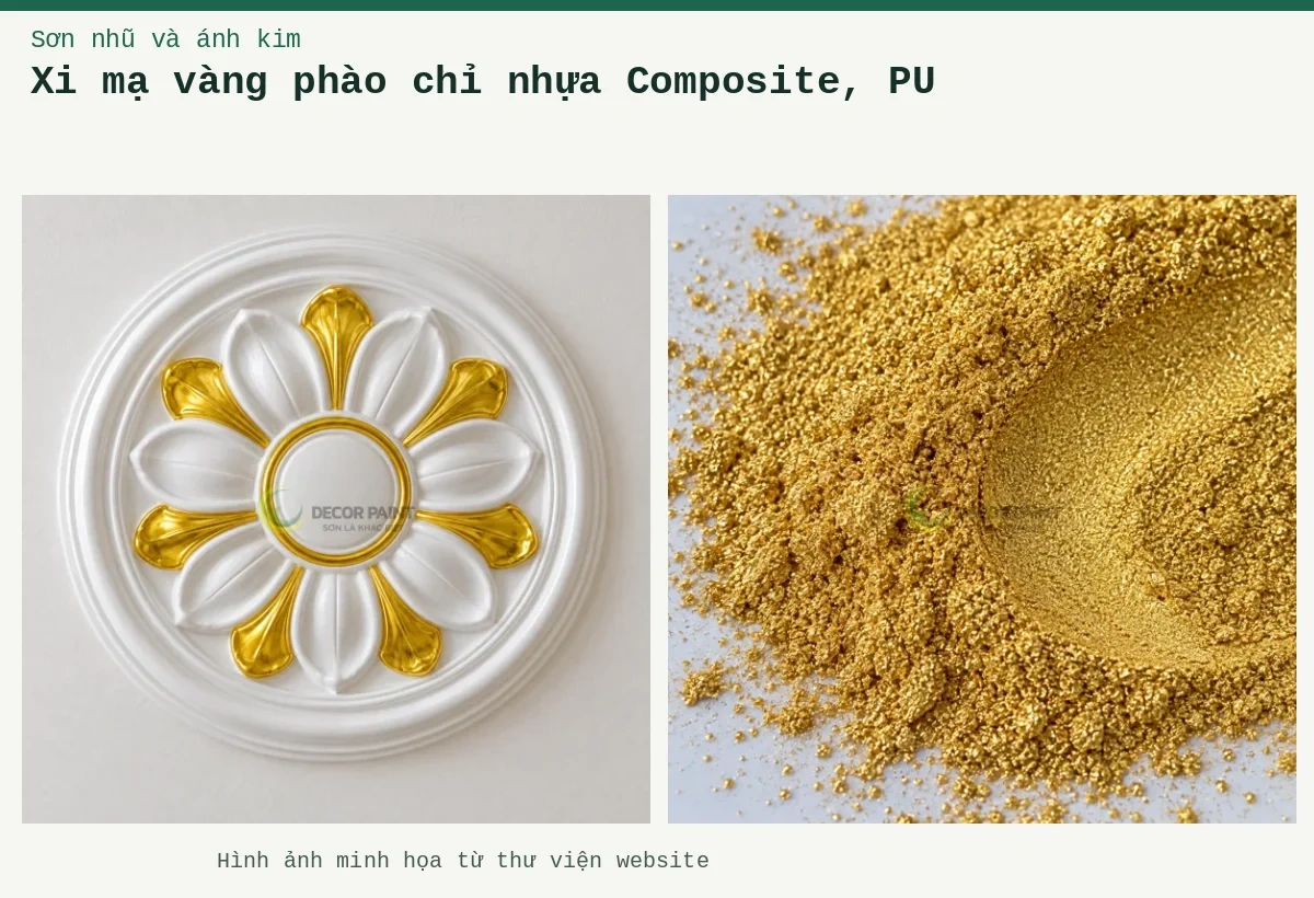 Xi mạ vàng phào chỉ nhựa Composite, PU – Ảnh minh họa: Mâm trần composite nhũ vàng; Cận cảnh lớp bột nhũ vàng A03.