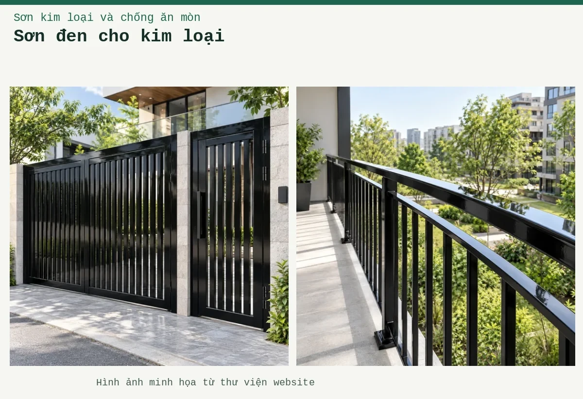 Sơn đen cho kim loại – Ảnh minh họa: Sơn kim loại đen bóng – cửa cổng kim loại; Sơn kim loại đen bóng – lan can hoặc hàng rào.