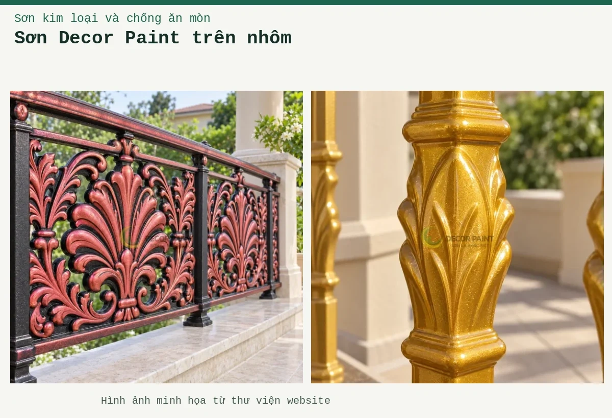 Sơn Decor Paint trên nhôm – Ảnh minh họa: Lan can ban công nhôm đúc; Con tiện nhôm đúc Gold Diamond.