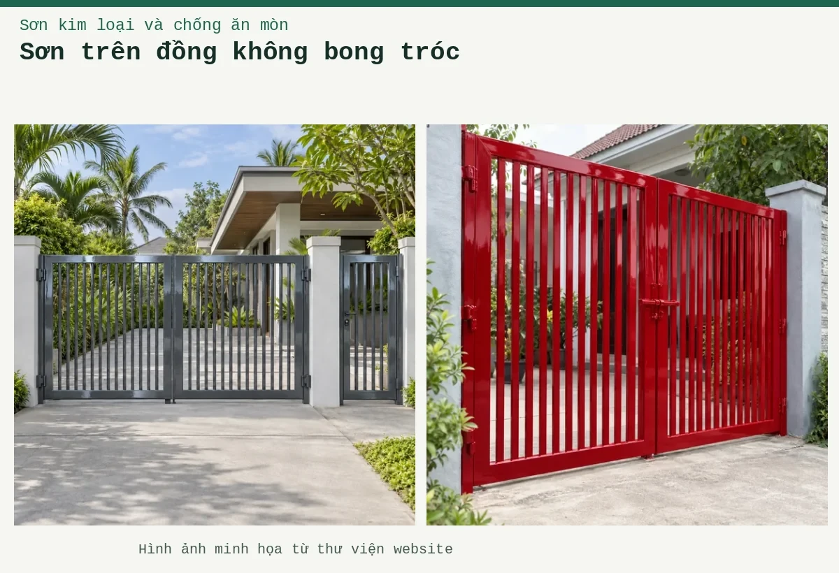 Sơn trên đồng không bong tróc – Ảnh minh họa: Sơn kim loại đỏ tươi bóng – cửa cổng kim loại; Sơn kim loại ghi đậm bóng – cửa cổng kim loại.