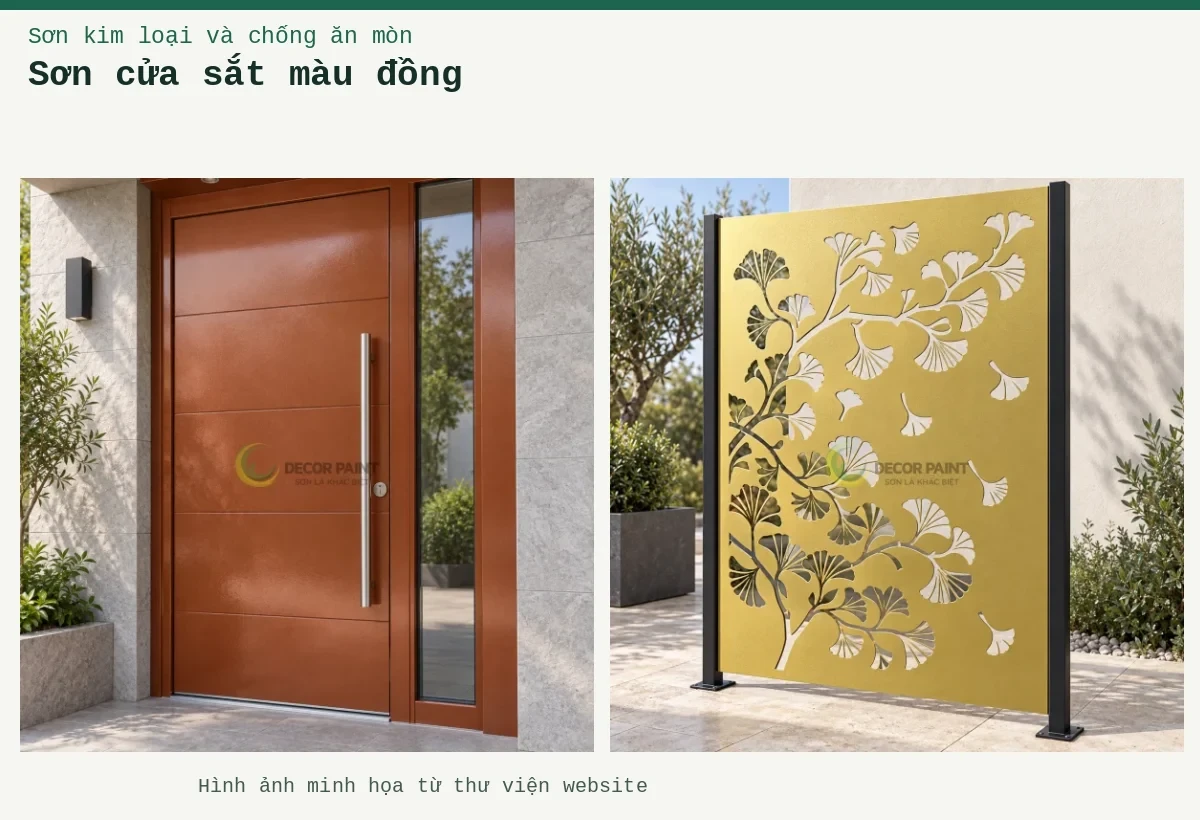 Sơn cửa sắt màu đồng – Ảnh minh họa: Cửa thép phủ nhũ đồng đỏ đậm; Cổng sắt CNC nhũ đồng.