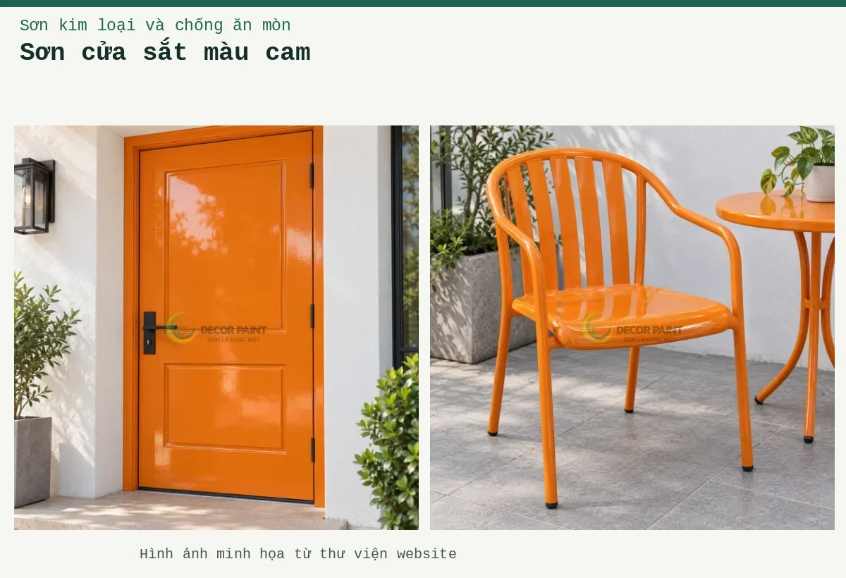 Sơn cửa sắt màu cam – Ảnh minh họa: Cửa thép vàng cam RS004; Bàn ghế sắt vàng cam.