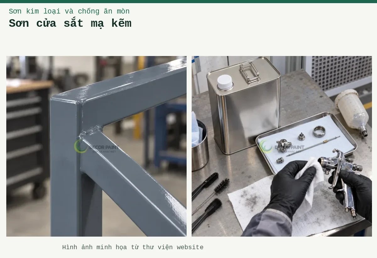 Sơn cửa sắt mạ kẽm – Ảnh minh họa: Mối nối khung cửa sắt mạ kẽm hoàn thiện lớp sơn ghi nhạt; Vệ sinh súng phun.