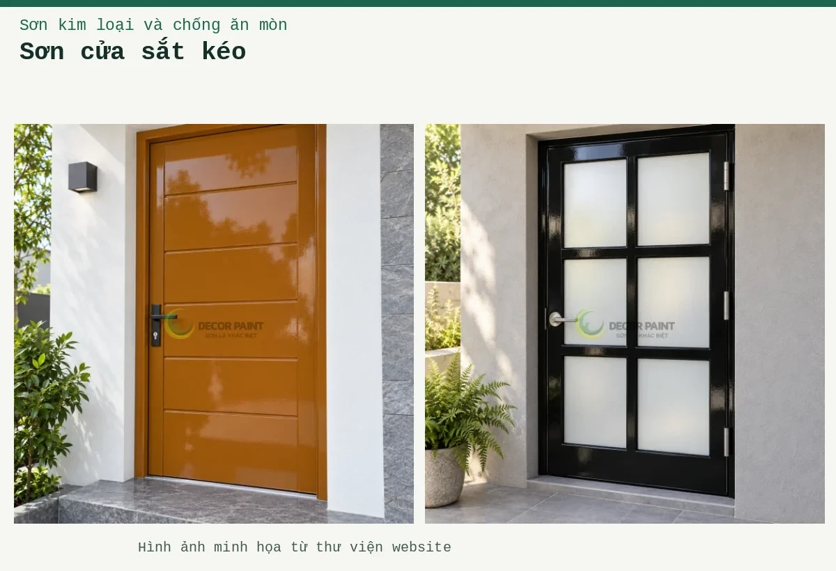Sơn cửa sắt kéo – Ảnh minh họa: Cửa thép nâu da bò RS002; Cửa khung sắt sơn đen bóng một cánh, chia sáu ô kính mờ.