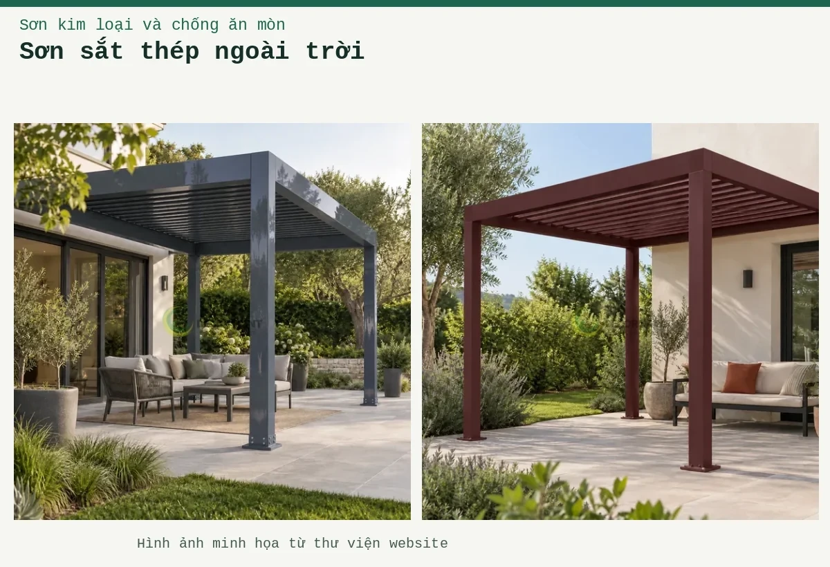 Sơn sắt thép ngoài trời – Ảnh minh họa: Giàn khung sắt hộp màu ghi đậm trên khu vực ghế ngoài trời; Khung giàn mái sắt hộp phủ màu đỏ gạch trên sân hiên ngoài trời.