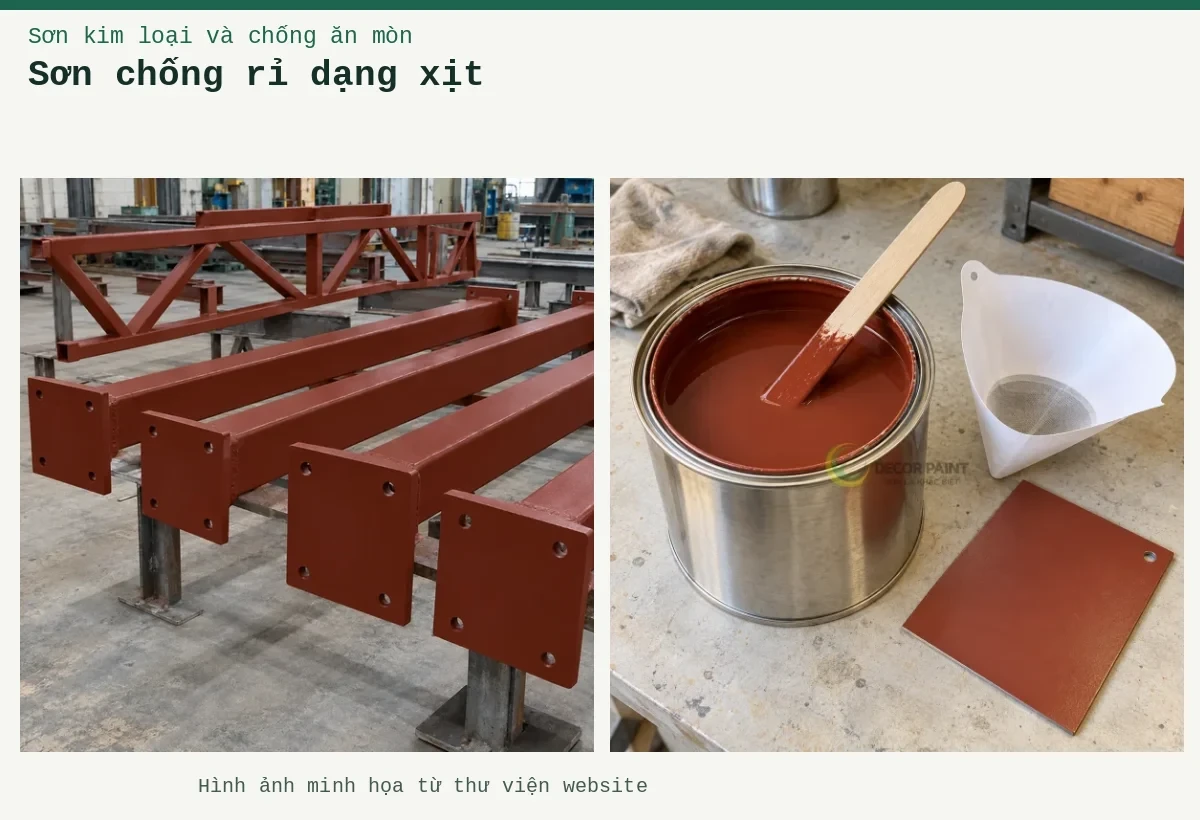 Sơn chống rỉ dạng xịt – Ảnh minh họa: Sơn lót kim loại đỏ oxit – cấu kiện thép đã phủ lớp lót; Sơn lót nâu đỏ trong lon, que khuấy, phễu lọc và tấm thép mẫu đã sơn.