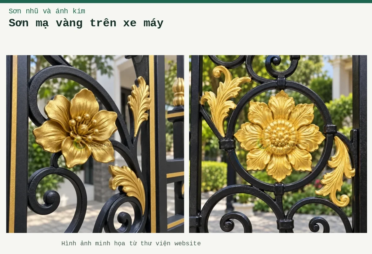 Sơn mạ vàng trên xe máy – Ảnh minh họa: Cận cảnh hoa đúc phủ nhũ vàng; Cận cảnh hoa tròn nhũ vàng.