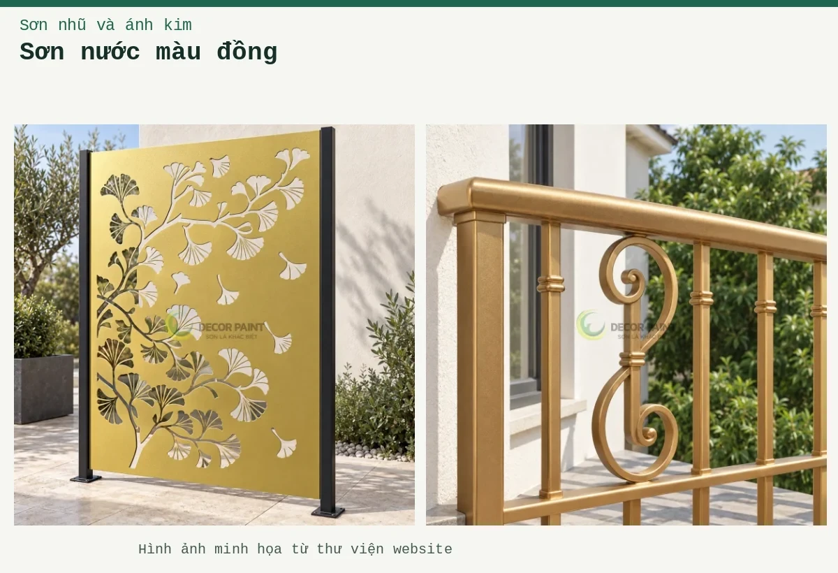 Sơn nước màu đồng – Ảnh minh họa: Lan can ban công hoa sắt sơn nhũ đồng; Cổng sắt CNC nhũ đồng.