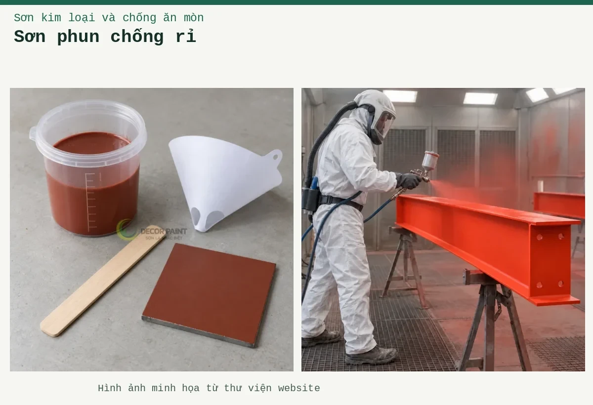 Sơn phun chống rỉ – Ảnh minh họa: Sơn lót kim loại đỏ oxit – thi công phun lớp lót trên thép; Cốc sơn lót đỏ nâu, phễu lọc, que khuấy và tấm thép phủ thử.