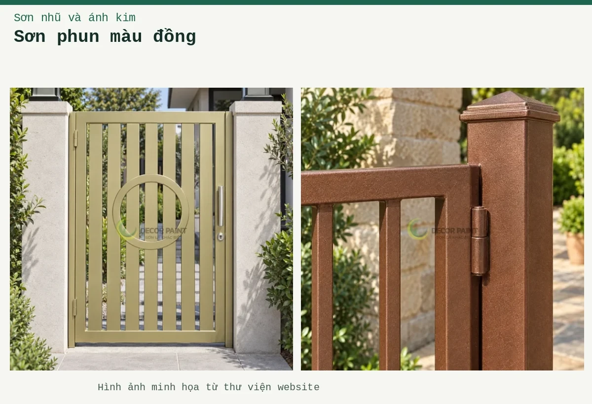 Sơn phun màu đồng – Ảnh minh họa: Chi tiết cổng màu đồng đỏ; Cổng nan dọc nhũ đồng xanh.