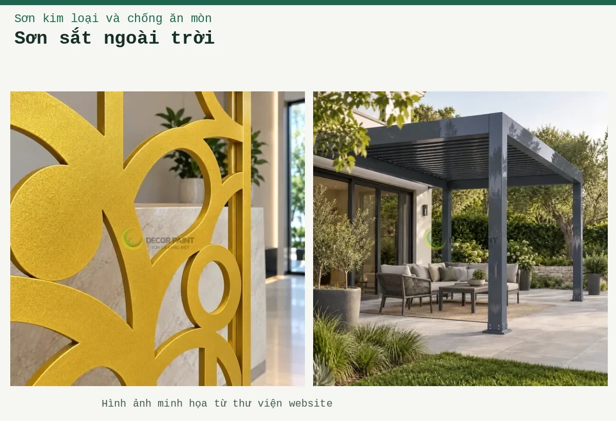 Sơn sắt ngoài trời – Ảnh minh họa: Giàn khung sắt hộp màu ghi đậm trên khu vực ghế ngoài trời; Vách sắt trang trí nhũ vàng nghệ.