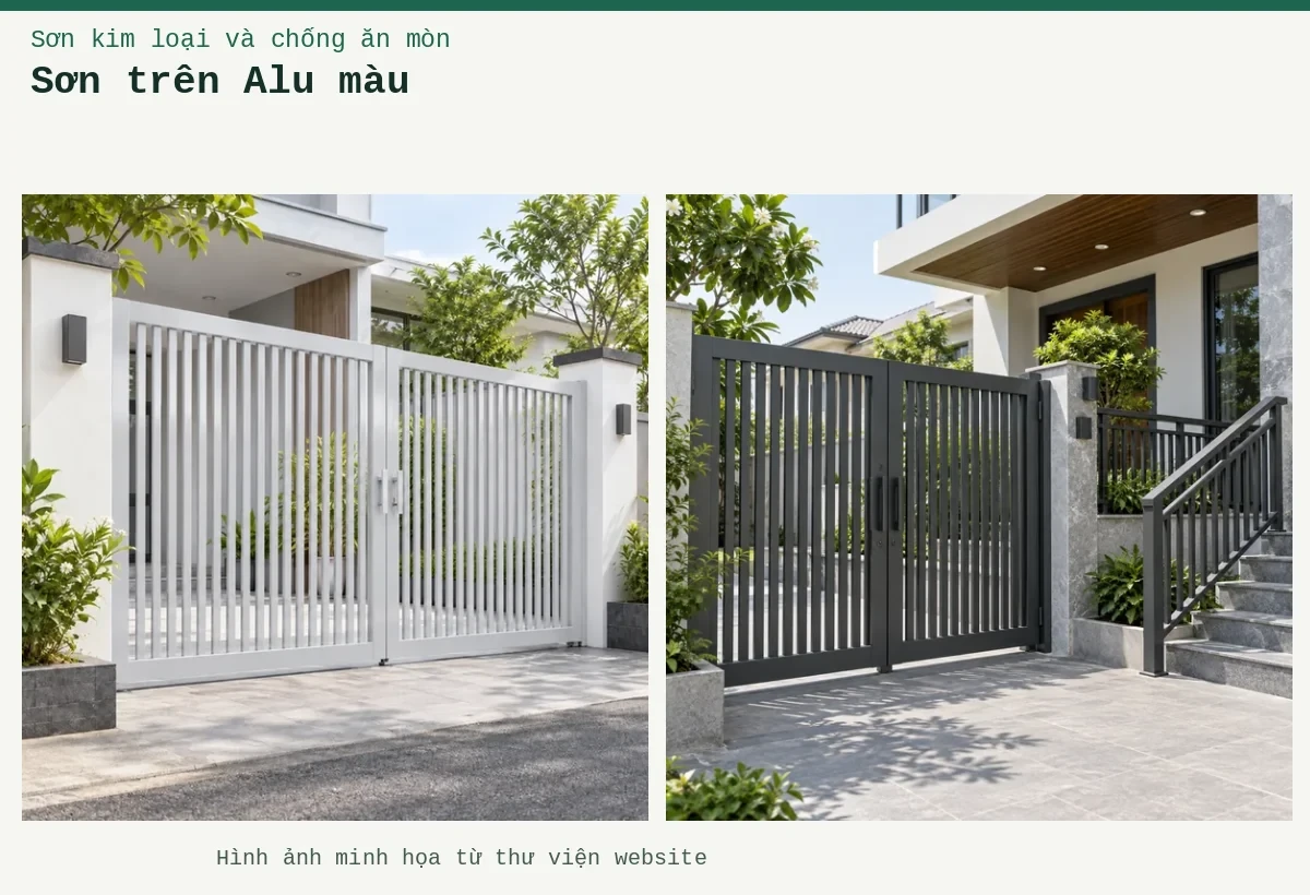 Sơn trên Alu màu – Ảnh minh họa: Sơn đa năng trên kim loại – cửa cổng và tay vịn kim loại ngoài trời; Sơn kim loại ghi nhạt – cửa cổng kim loại.