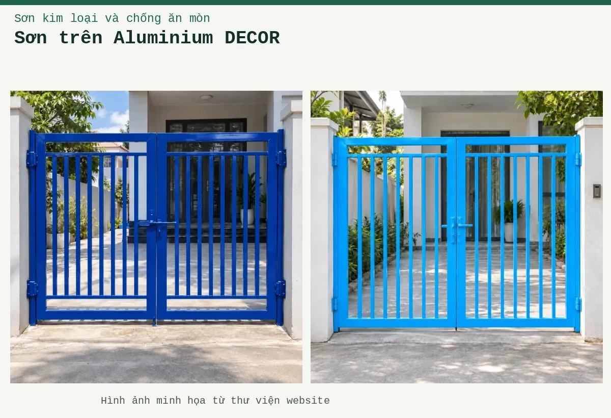 Sơn trên Aluminium DECOR – Ảnh minh họa: Sơn kim loại xanh dương – cửa cổng kim loại; Sơn kim loại xanh da trời – cửa cổng kim loại.
