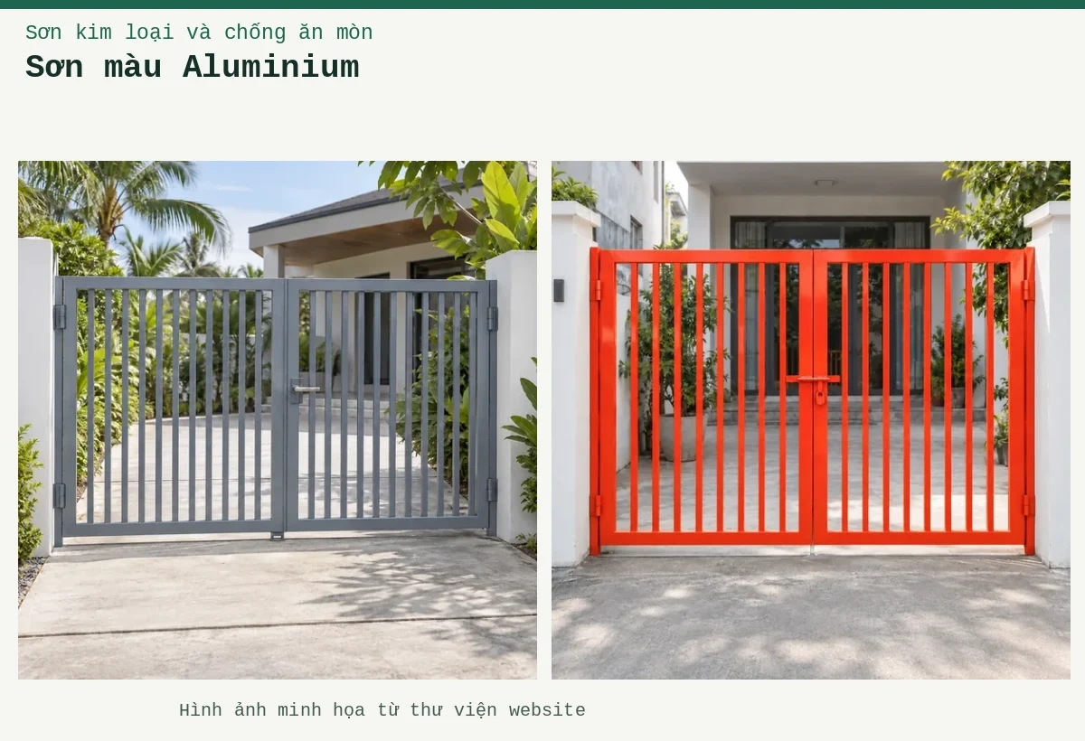 Sơn màu Aluminium – Ảnh minh họa: Sơn kim loại cam vàng – cửa cổng kim loại; Sơn kim loại ghi vừa – ứng dụng trên cửa cổng hoặc lan can.