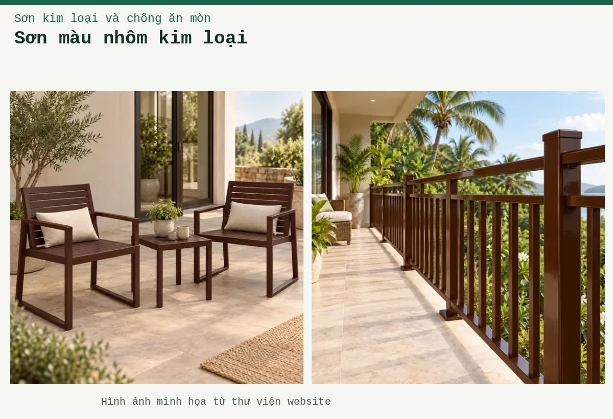 Sơn màu nhôm kim loại – Ảnh minh họa: Sơn nhôm xingfa nâu mờ – ứng dụng trên bàn ghế hoặc cấu kiện kim loại; Sơn nhôm xingfa nâu bóng – lan can hoặc hàng rào.