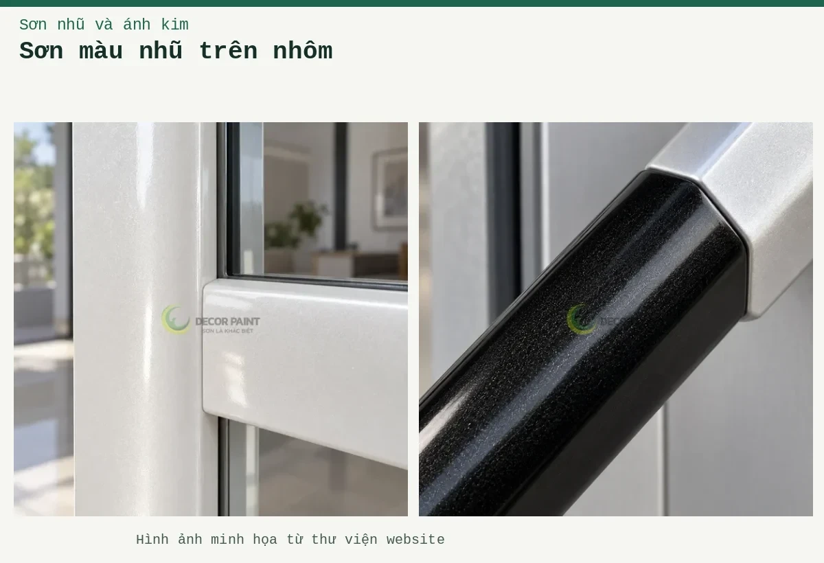 Sơn màu nhũ trên nhôm – Ảnh minh họa: Khung cửa nhôm nhũ trắng; Chi tiết lớp nhũ trên tay nắm nhôm.