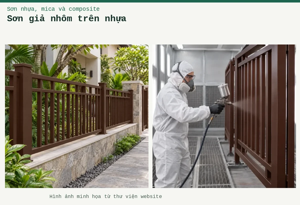 Sơn giả nhôm trên nhựa – Ảnh minh họa: Sơn nhôm xingfa nâu mờ – ứng dụng trên cửa cổng hoặc hàng rào; Sơn nhôm xingfa nâu mờ – thi công bằng súng phun trong buồng phun.