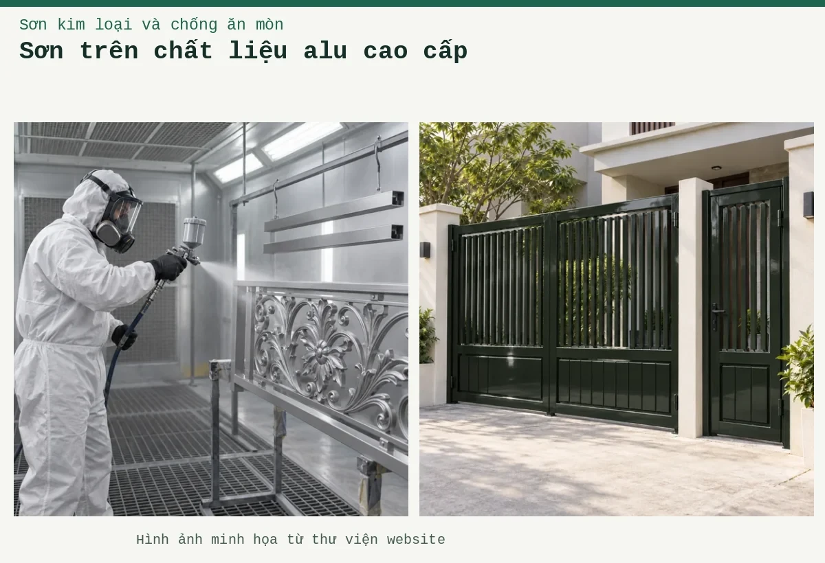 Sơn trên chất liệu alu cao cấp – Ảnh minh họa: Pha sơn hai thành phần với chất đóng rắn – thi công phun hỗn hợp sơn lên cấu kiện kim loại; Sơn kim loại rêu gốc – cửa cổng kim loại.