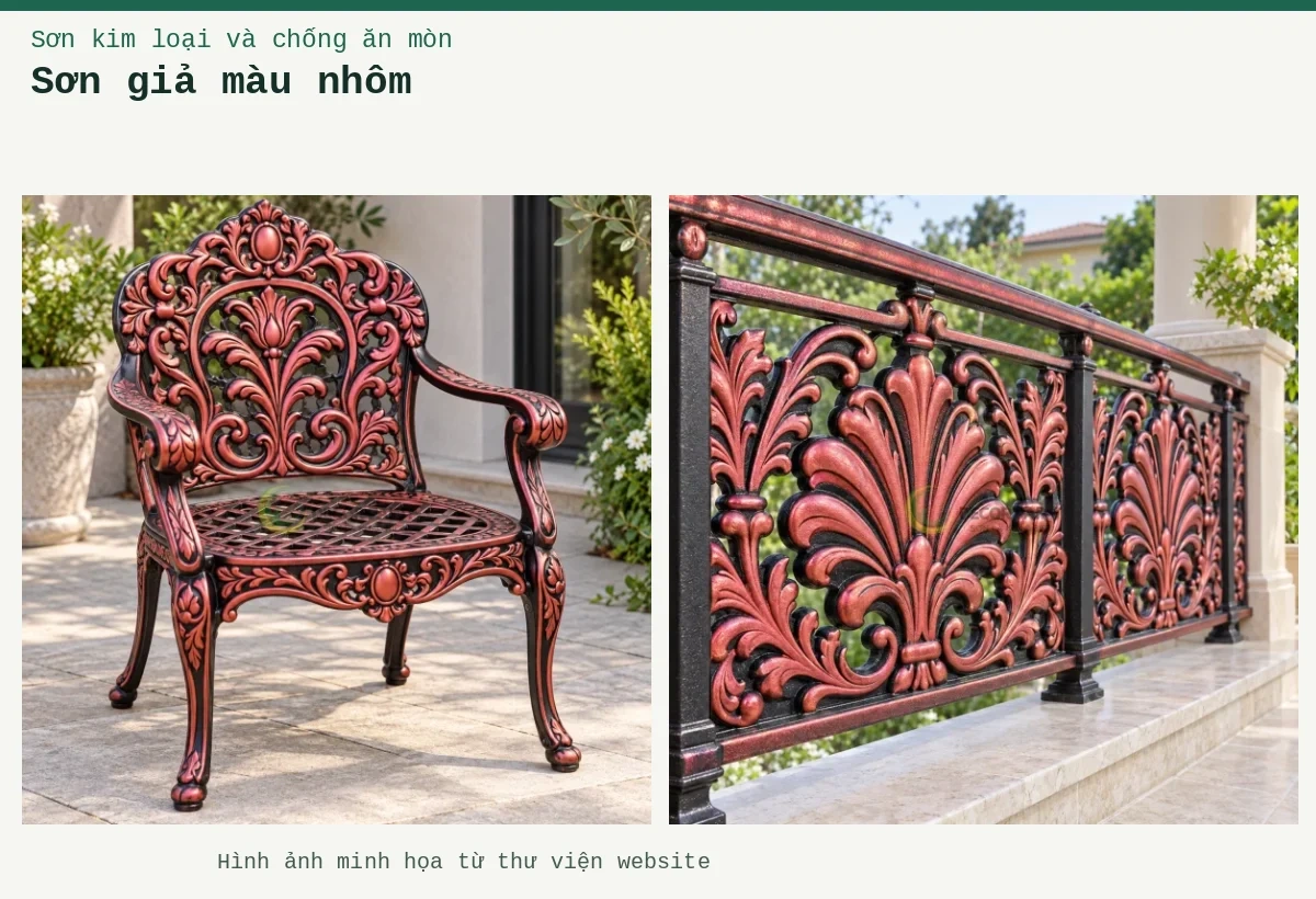 Sơn giả màu nhôm – Ảnh minh họa: Lan can ban công nhôm đúc; Ghế sân vườn nhôm đúc.