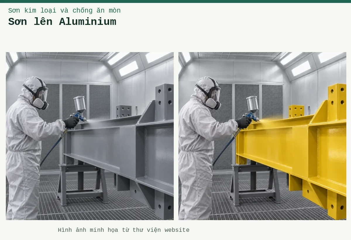 Sơn lên Aluminium – Ảnh minh họa: Sơn đa năng trên kim loại – thi công phun sơn lên kết cấu thép; Sơn đa năng trên kim loại – thi công phun sơn lên kết cấu thép.