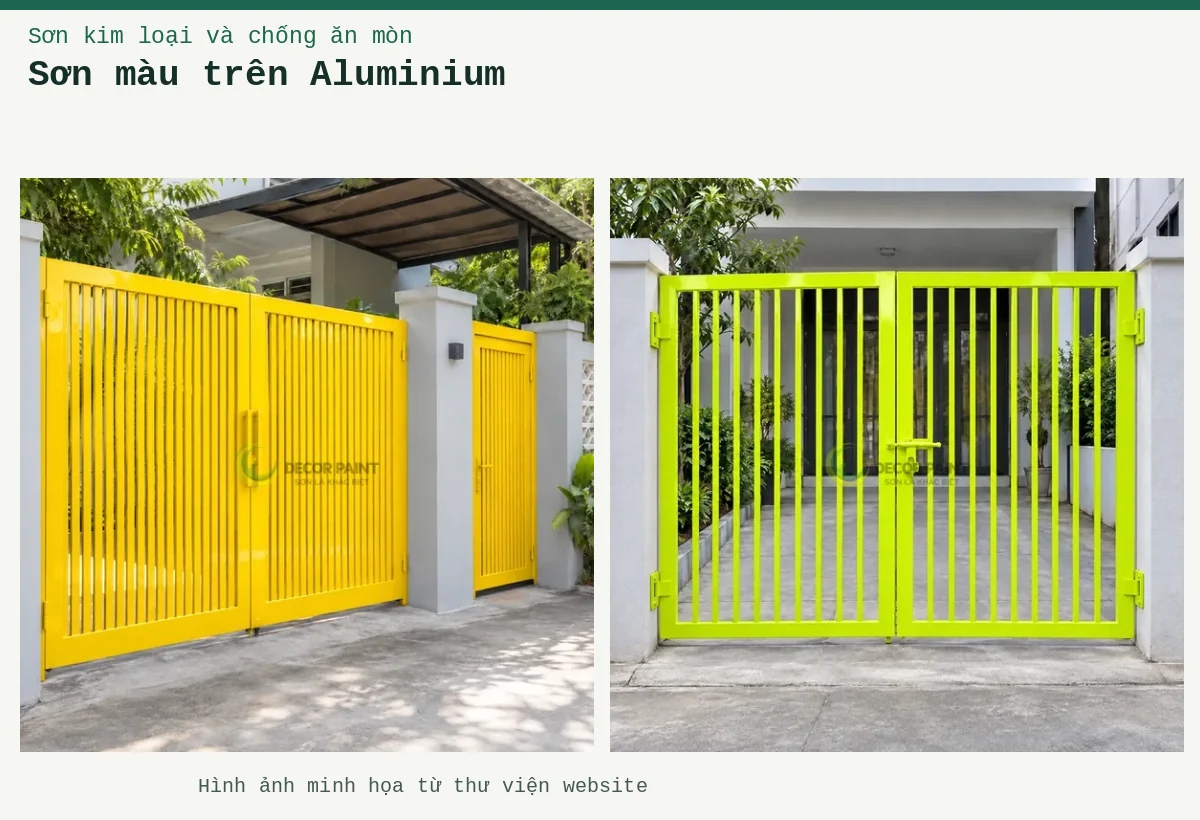 Sơn màu trên Aluminium – Ảnh minh họa: Sơn kim loại vàng chanh – cửa cổng kim loại; Sơn kim loại vàng nghệ – cửa cổng kim loại.
