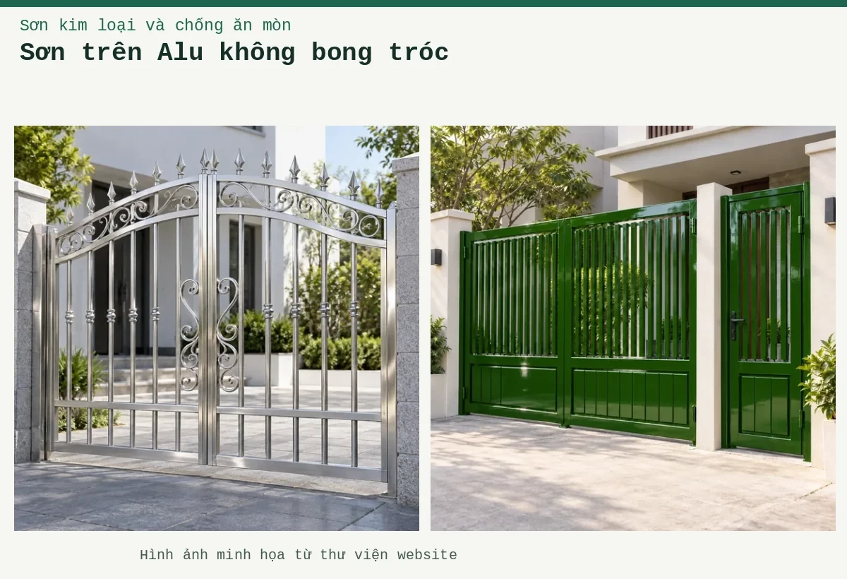 Sơn trên Alu không bong tróc – Ảnh minh họa: Sơn kim loại xanh rêu bóng – cửa cổng kim loại; Sơn bóng trong trên kim loại – ứng dụng trên cửa cổng hoặc hàng rào.