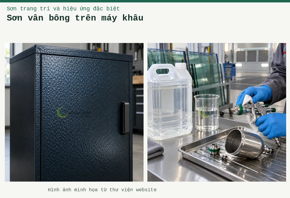 Sơn vân bông trên máy khâu – Ảnh minh họa: Bề mặt sơn búa xanh đen; Vệ sinh súng phun.