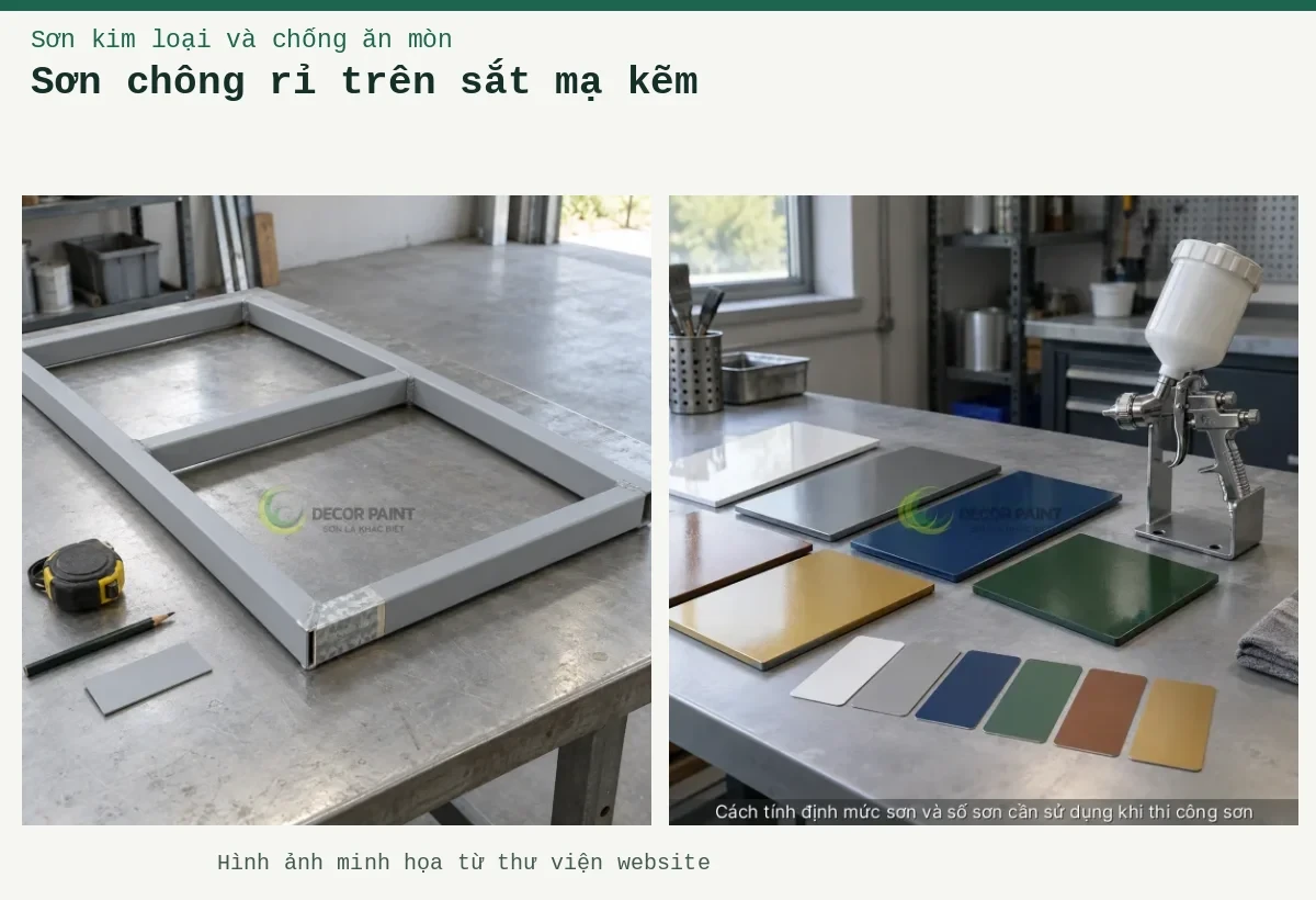 Sơn chông rỉ trên sắt mạ kẽm – Ảnh minh họa: Minh họa khung thép mạ kẽm phủ sơn chống rỉ và phần mẫu bề mặt kẽm; Mẫu màu và dụng cụ phun sơn.