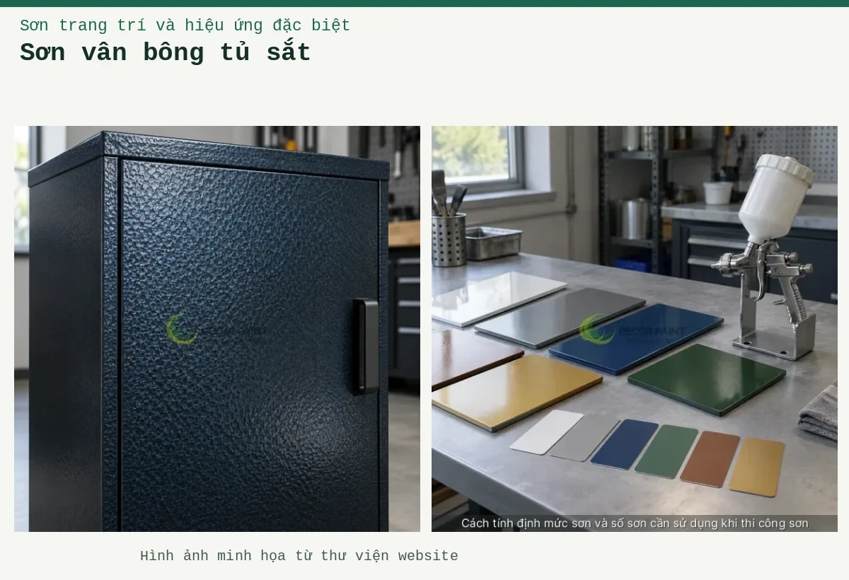 Sơn vân bông tủ sắt – Ảnh minh họa: Bề mặt sơn búa xanh đen; Mẫu màu và dụng cụ phun sơn.
