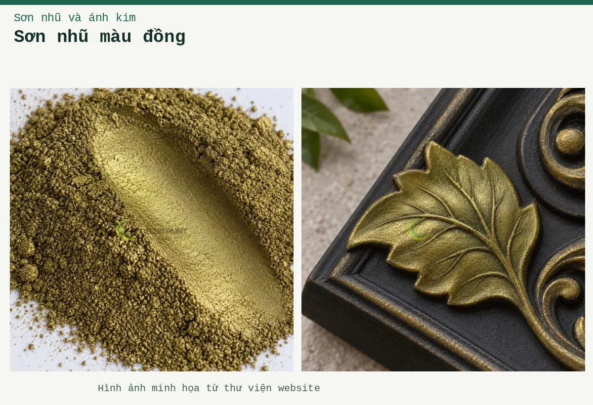 Sơn nhũ màu đồng – Ảnh minh họa: Cận cảnh bột nhũ đồng xanh; Phù điêu lá sơn nhũ đồng xanh.