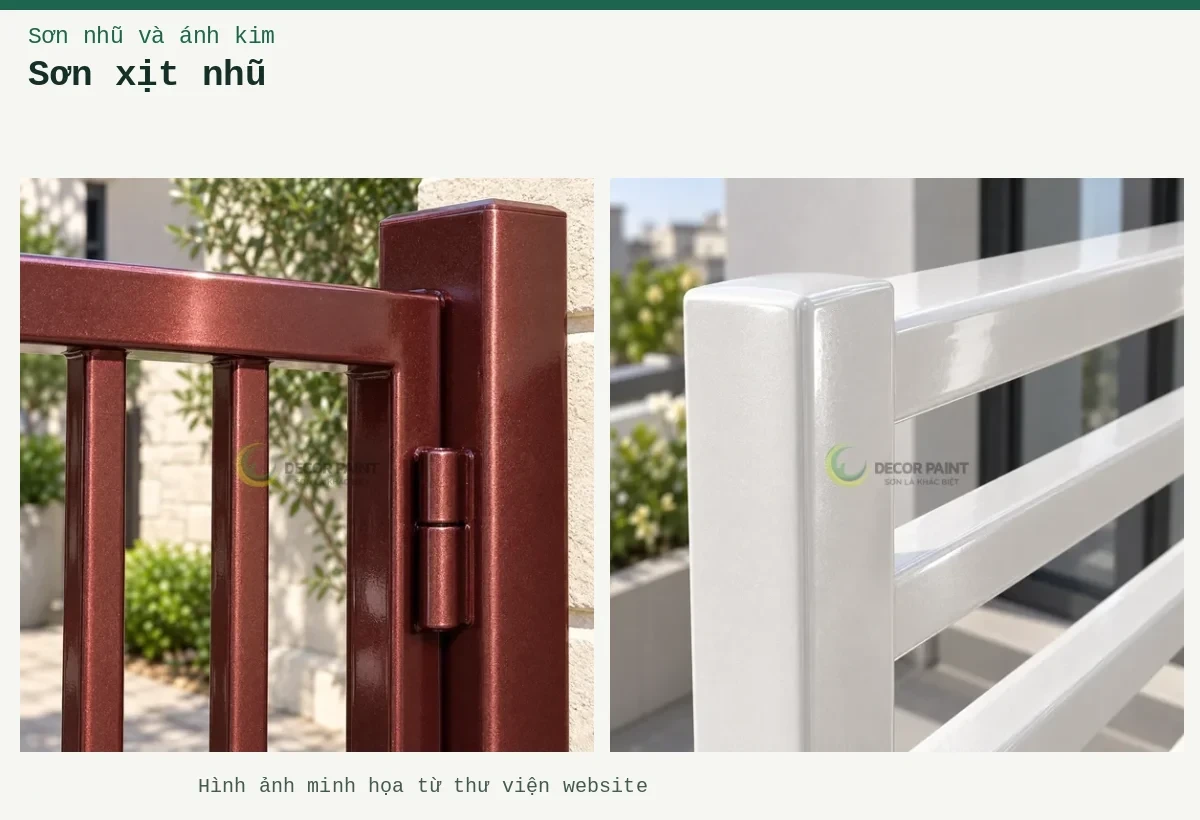 Sơn xịt nhũ – Ảnh minh họa: Lan can ban công nhũ trắng; Cổng nhũ đỏ rượu ánh đồng.