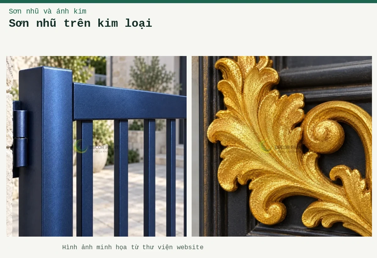 Sơn nhũ trên kim loại – Ảnh minh họa: Cổng kim loại nhũ xanh dương; Hoa lá kim loại phủ nhũ A05.