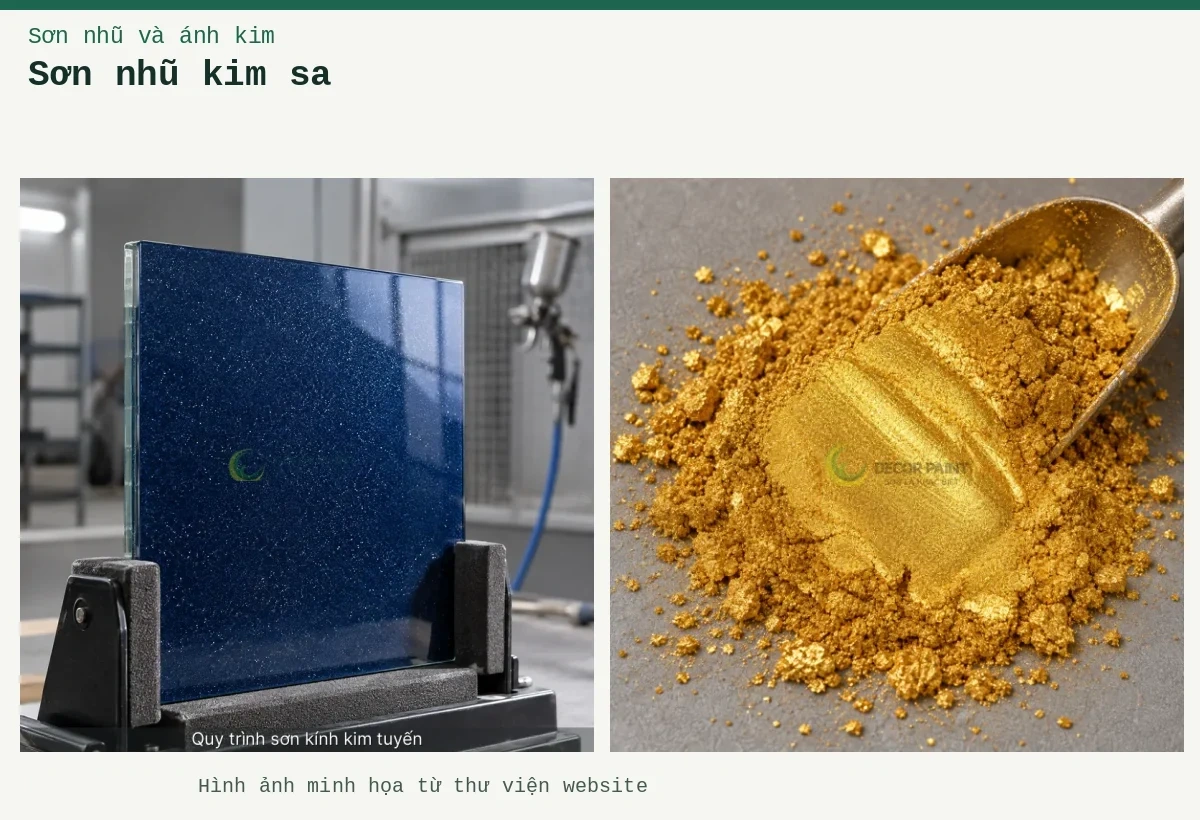 Sơn nhũ kim sa – Ảnh minh họa: Tấm kính xanh dương có hiệu ứng nhũ kim sa mịn; Cận cảnh hạt nhũ A05.