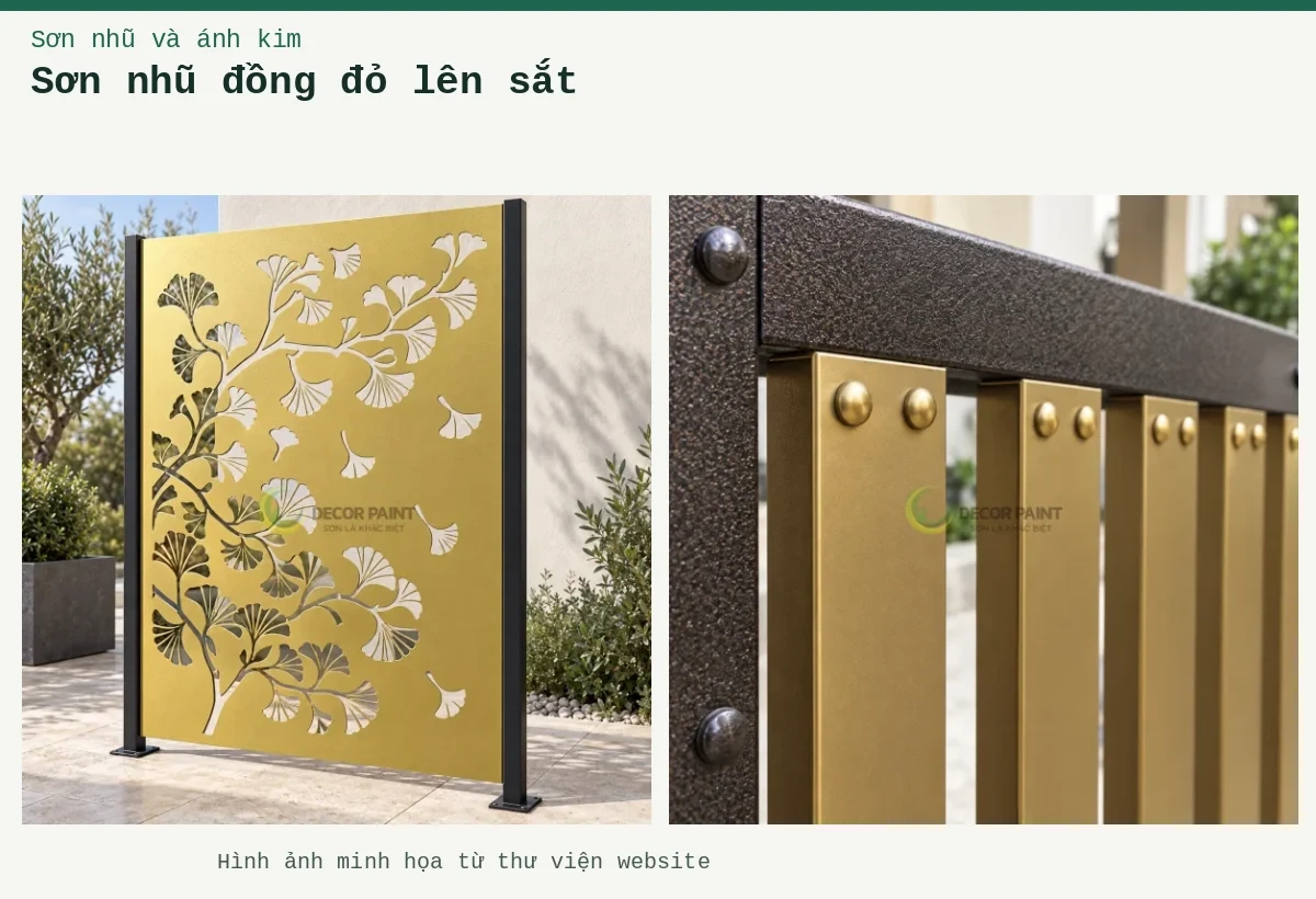 Sơn nhũ đồng đỏ lên sắt – Ảnh minh họa: Cổng sắt CNC nhũ đồng; Cận thanh sắt nhũ đồng.