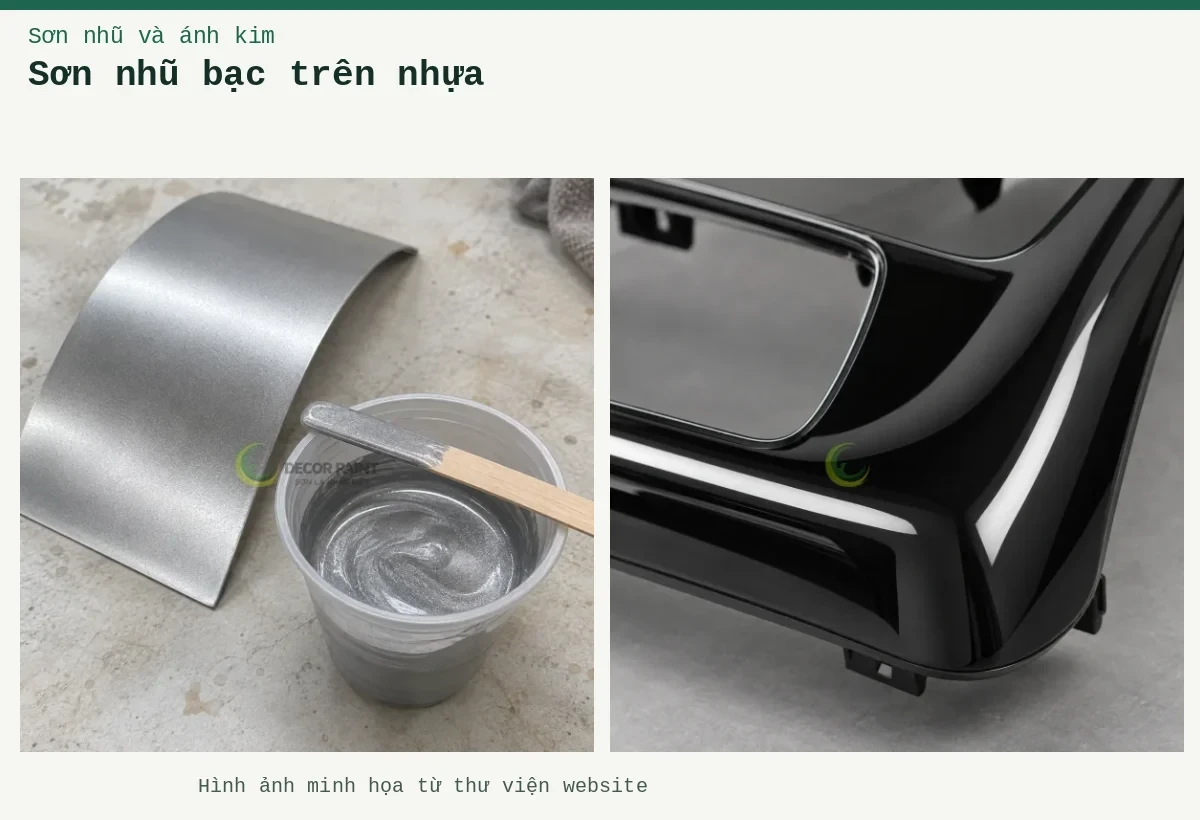 Sơn nhũ bạc trên nhựa – Ảnh minh họa: Chi tiết nhựa ABS đen bóng; Cốc sơn màu bạc ánh kim, que khuấy và tấm mẫu cong đã phủ màu bạc.