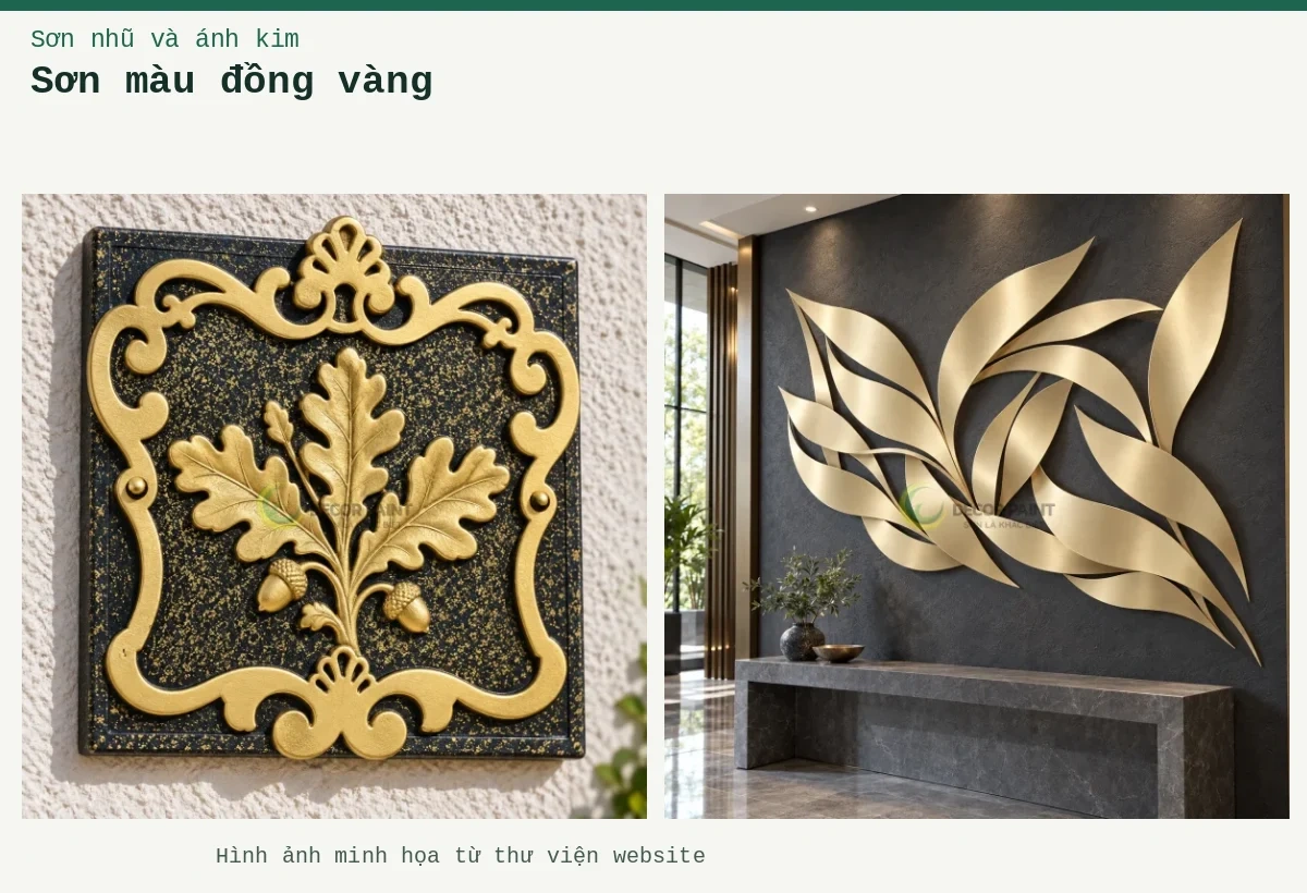 Sơn màu đồng vàng – Ảnh minh họa: Phù điêu lá nhũ đồng vàng; Phù điêu lá đồng vàng.