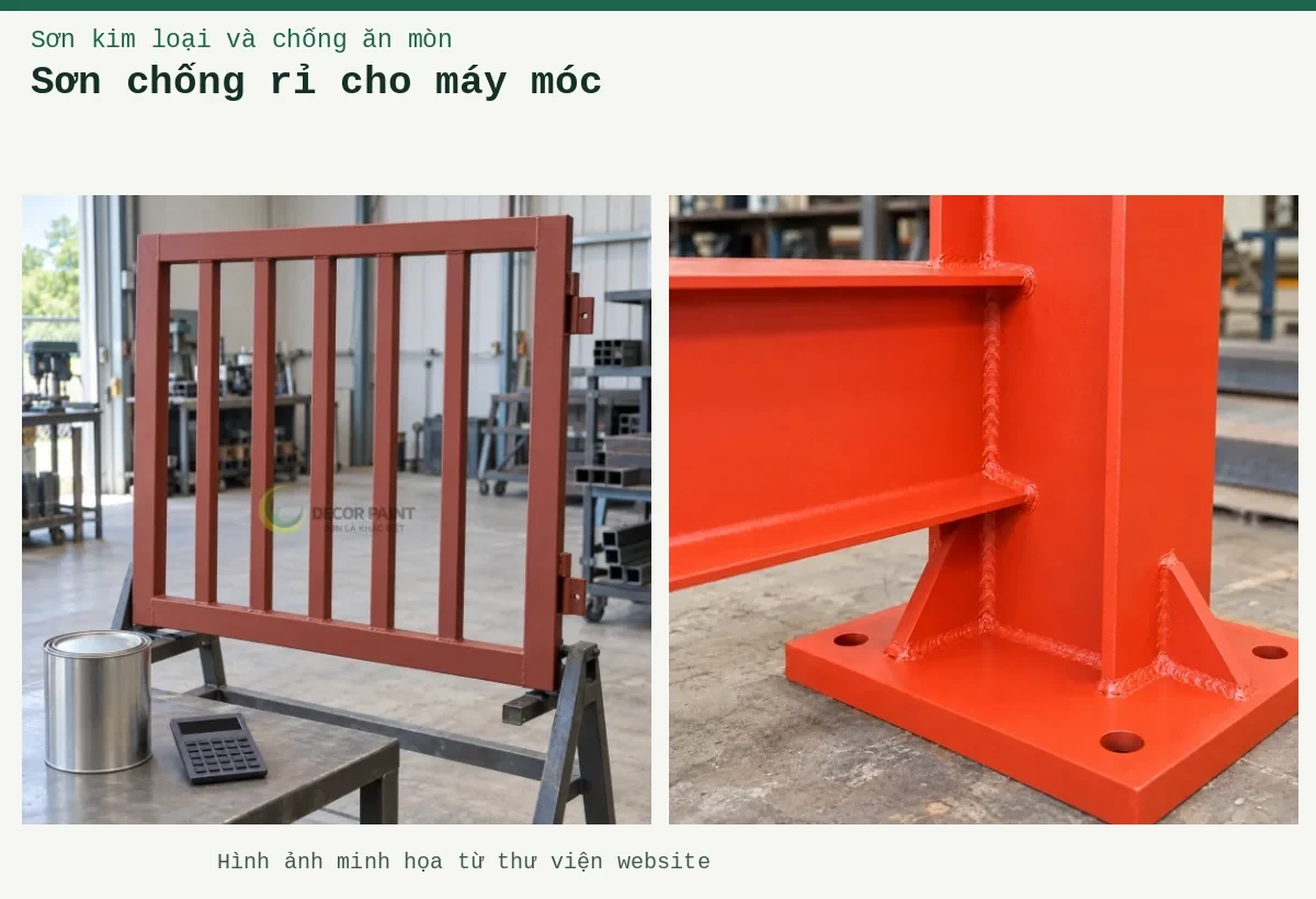 Sơn chống rỉ cho máy móc – Ảnh minh họa: Sơn lót kim loại đỏ oxit – cận cảnh lớp lót trên mối nối thép; Khung cổng thép phủ sơn lót nâu đỏ trên giá, bên cạnh lon kín và máy tính.