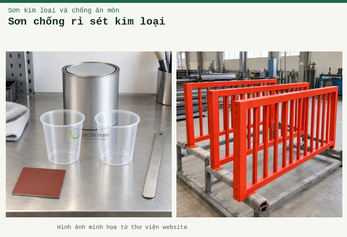 Sơn chống rỉ sét kim loại – Ảnh minh họa: Sơn lót kim loại đỏ oxit – cấu kiện lan can được sơn lót; Hai cốc pha rỗng, lon kín và tấm thép mẫu phủ lót đỏ nâu.