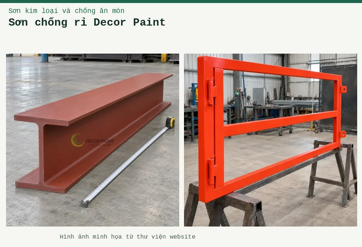 Sơn chống rỉ Decor Paint – Ảnh minh họa: Sơn lót kim loại đỏ oxit – khung cổng được phủ lớp lót tại xưởng; Dầm thép chữ I phủ sơn lót nâu đỏ cùng thước dây trên nền xưởng.